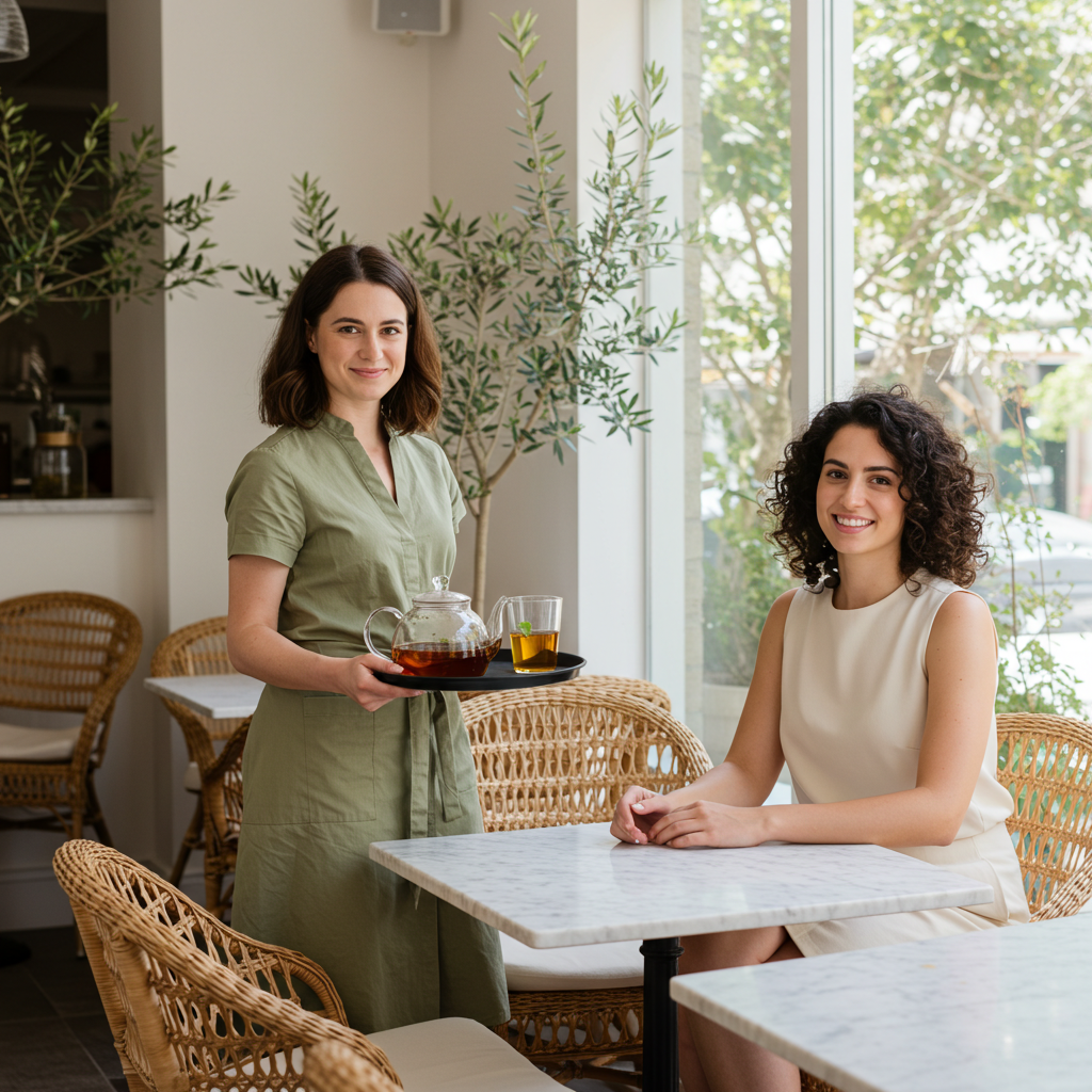 Warm restaurant interior with soft window light